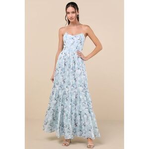 Lulu's Light Blue Floral Strapless Maxi Dress